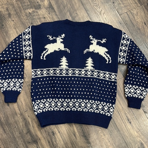 VINTAGE Cardigan Hand Knit “One of a Kind” Wool Sweater Navy Blue Size Large - Picture 10 of 11